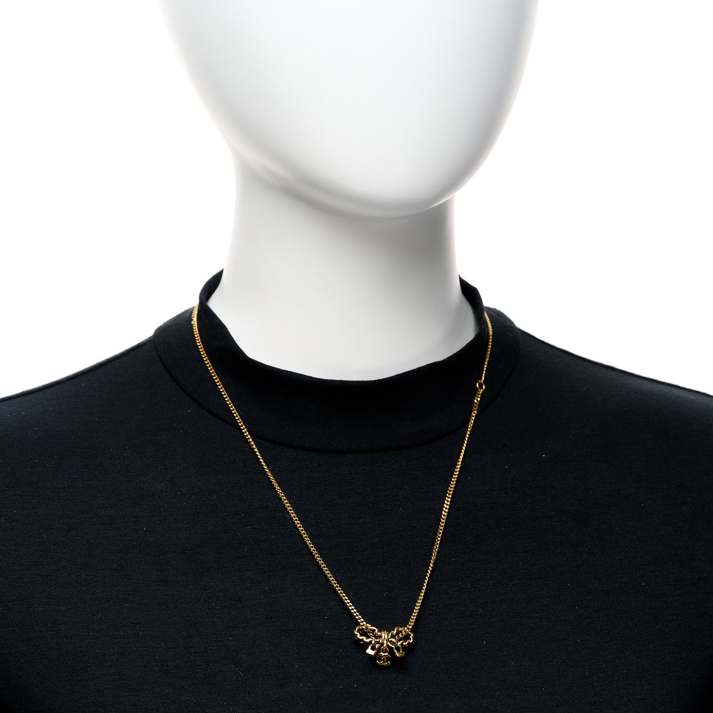 Metal Lambskin Chain CC Bow Necklace Black Gold