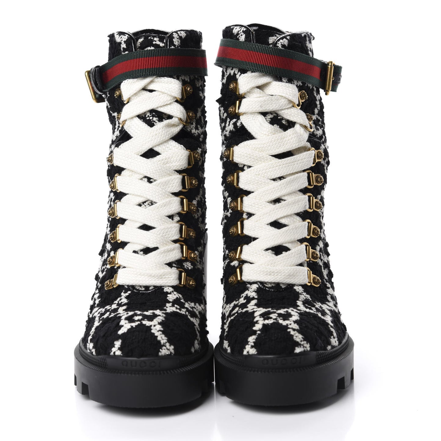 Tweed GG Monogram Lace Up Combat Ankle Boots 38 Black