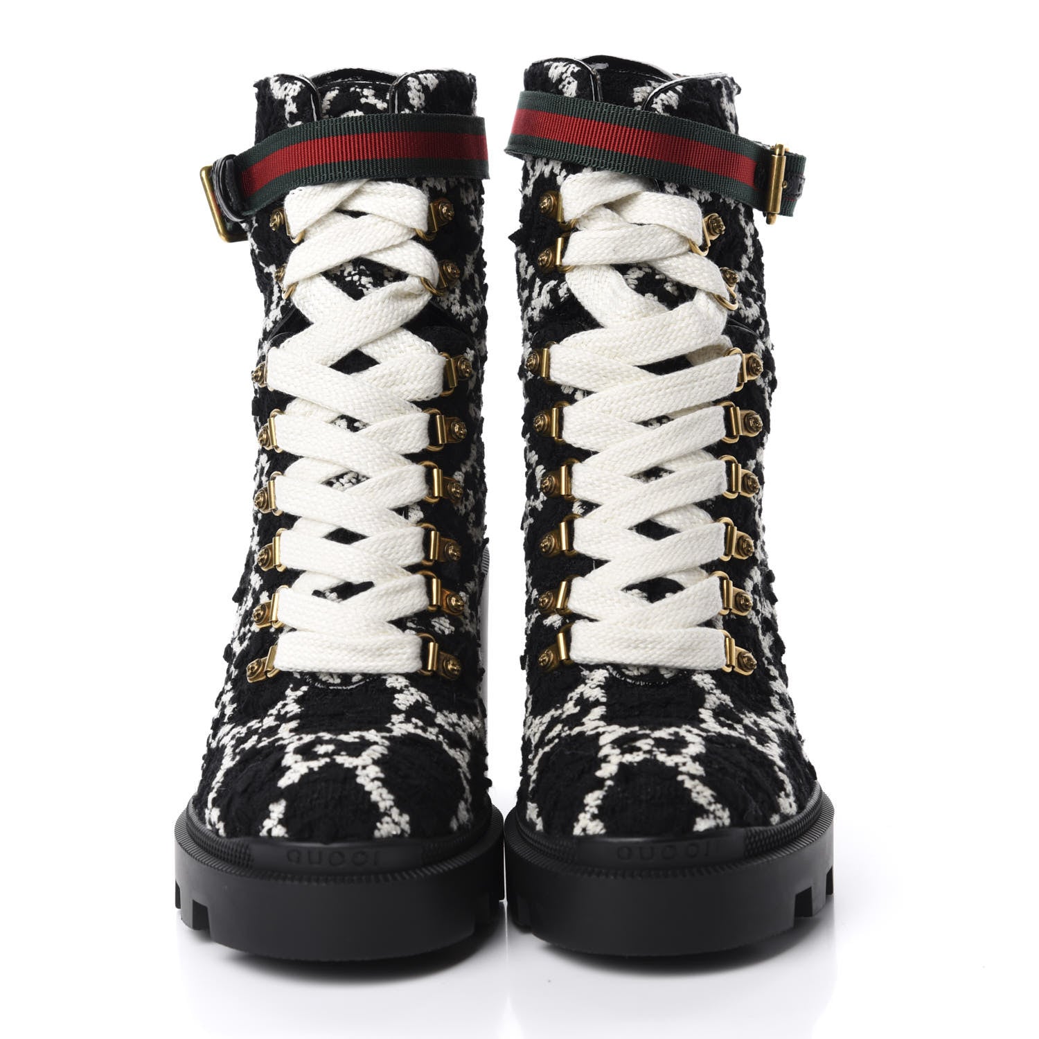 Gucci Tweed GG Monogram Lace Up Combat Ankle Boots 38 Black 2 of 12