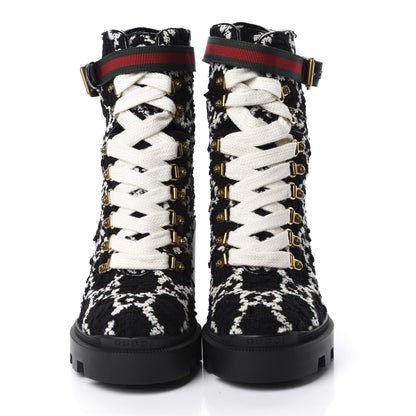 Gucci Tweed GG Monogram Lace Up Combat Ankle Boots 38 Black 2 of 12