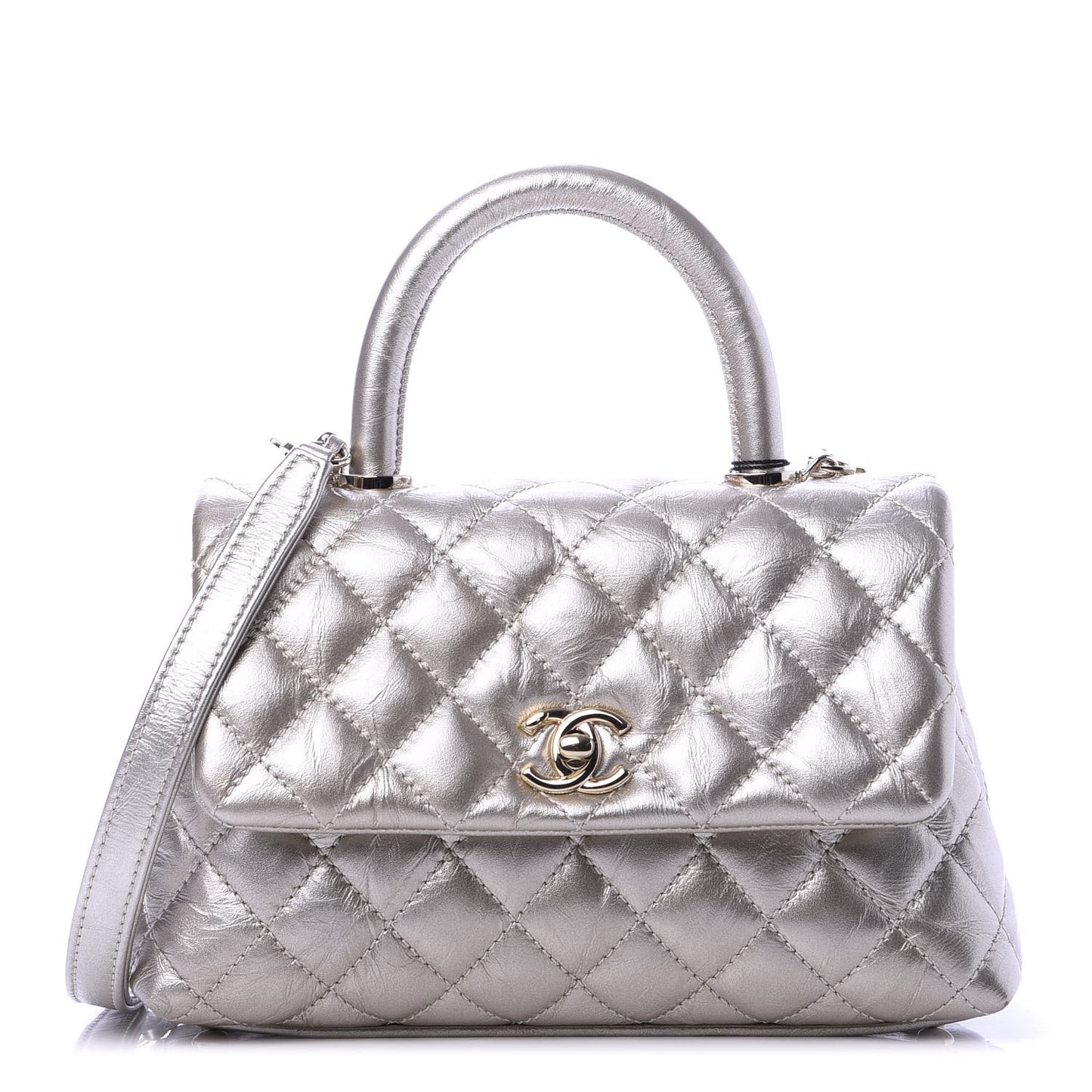 Metallic Aged Calfskin Quilted Mini Coco Handle Flap Silver