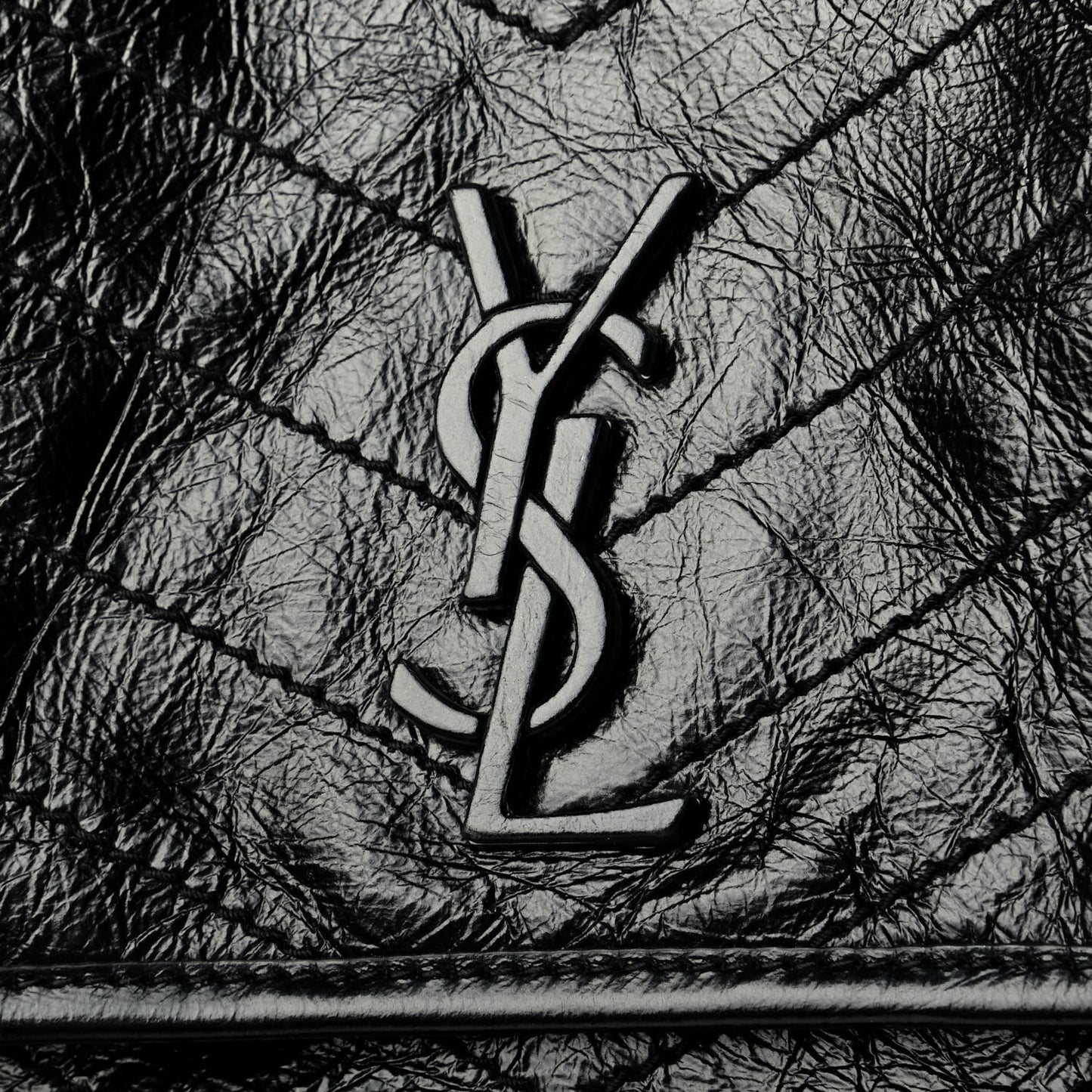 Crinkled Calfskin Matelasse Monogram Medium Niki Chain Satchel Black