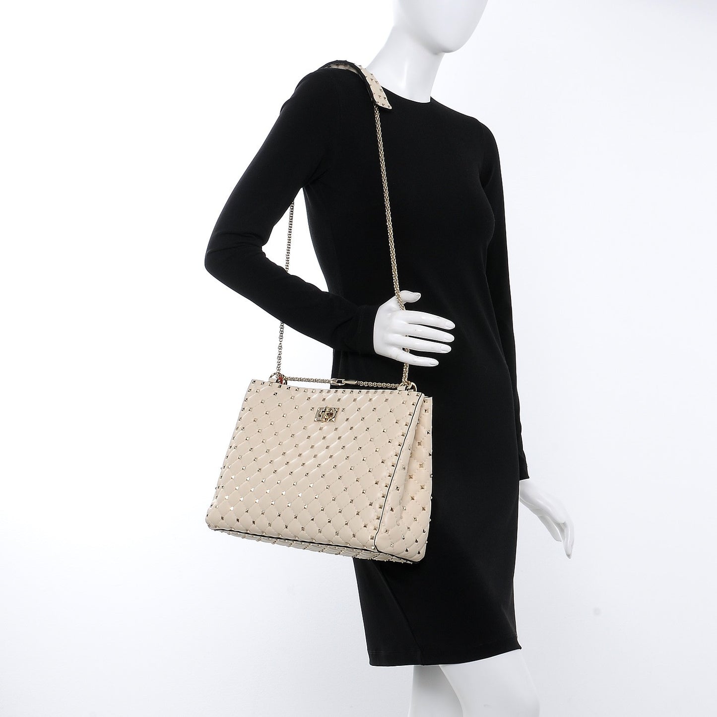 Nappa Rockstud Spike Shoulder Tote Light Ivory
