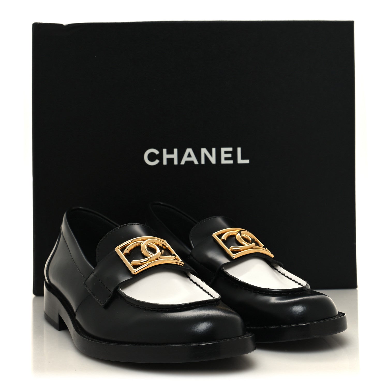 Chanel Shiny Calfskin CC Loafers 36.5 Black White Black White 9 of 9