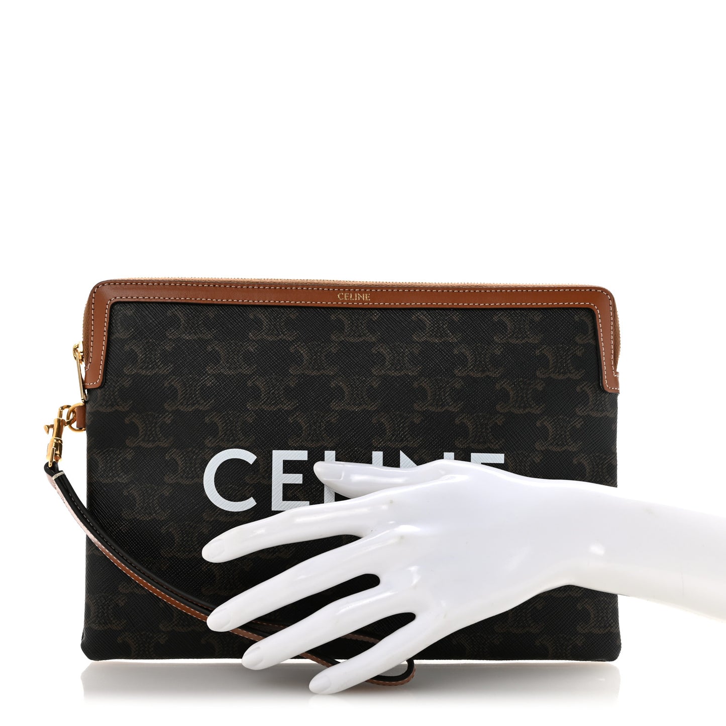 Triomphe Canvas Calfskin Small Pouch With Strap Tan