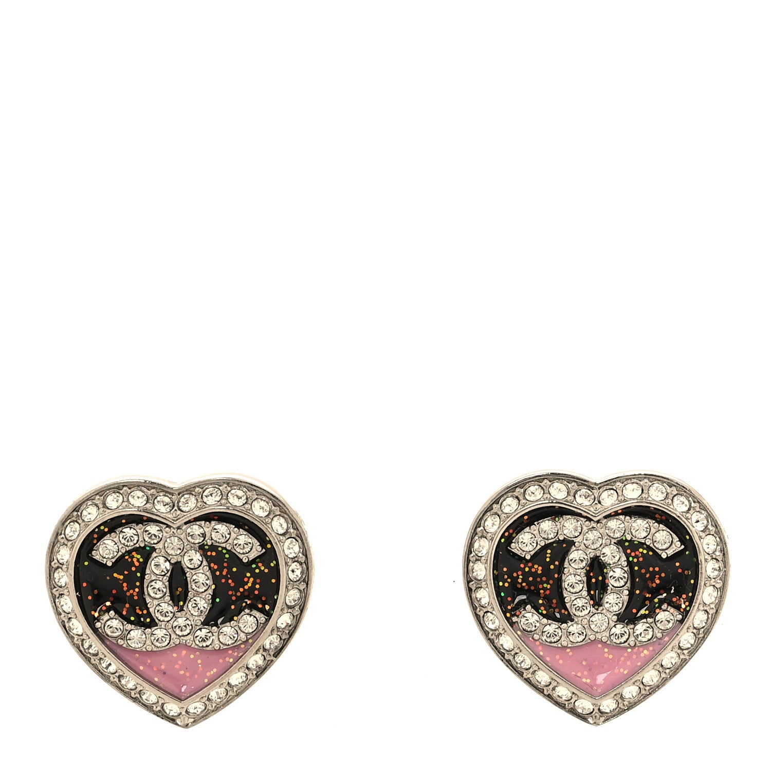 Chanel Resin Crystal Glitter CC Heart Stud Earrings Silver Black Pink 1 of 4