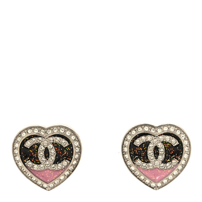 Chanel Resin Crystal Glitter CC Heart Stud Earrings Silver Black Pink 1 of 4