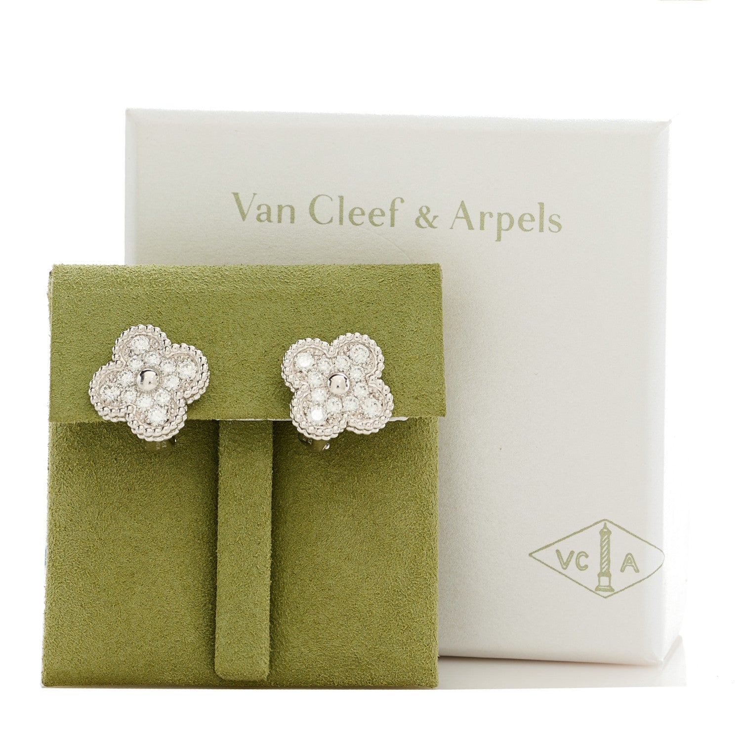 Van Cleef & Arpels 18K White Gold Diamond Vintage Alhambra Earrings 5 of 5
