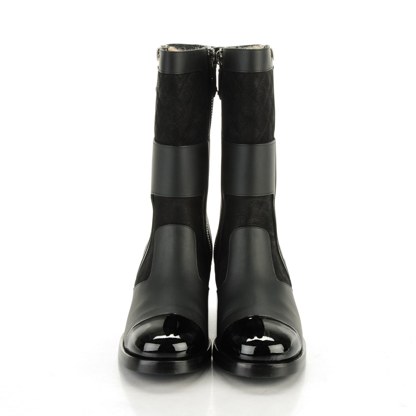 Calfskin Quilted Patent Cap Toe Boots 40 Black