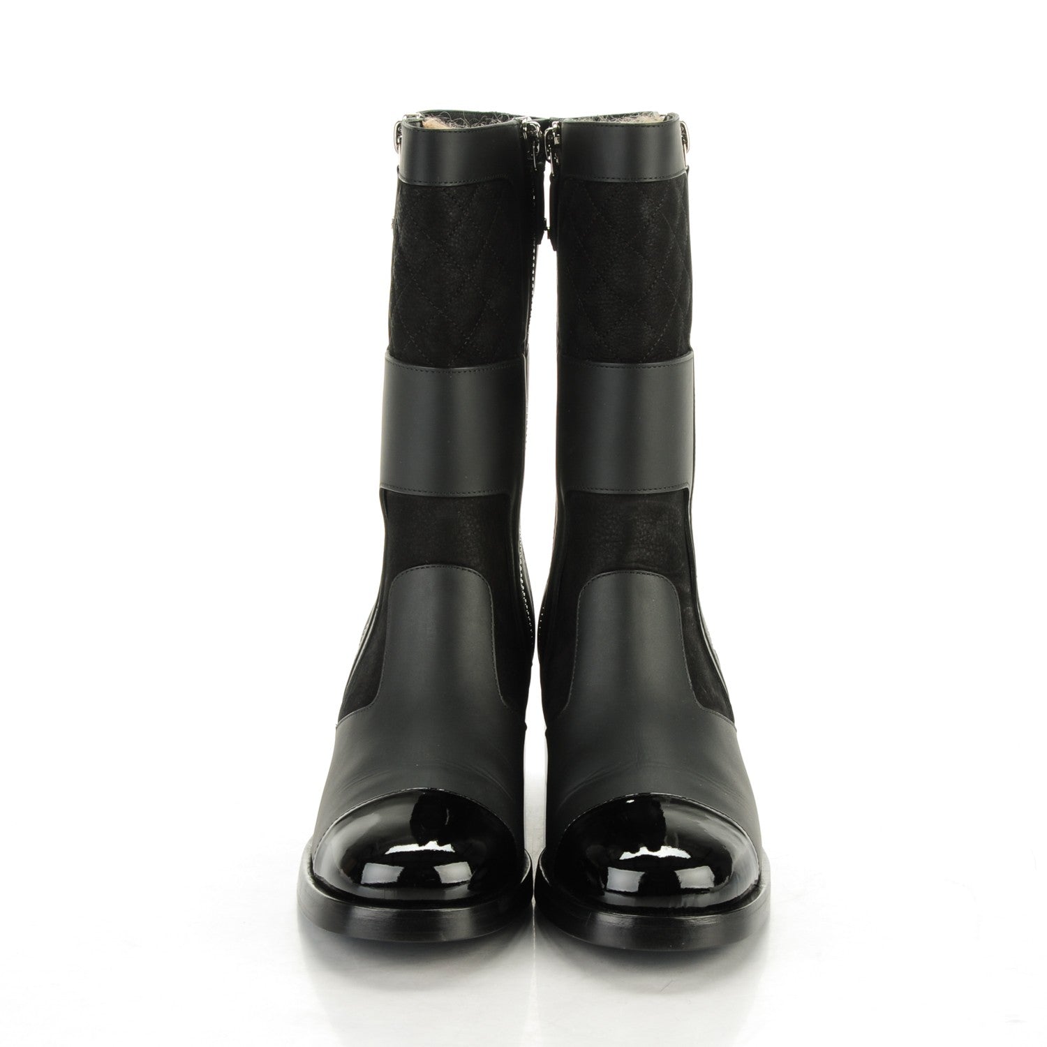 Chanel Calfskin Quilted Patent Cap Toe Boots 40 Black 2 of 8