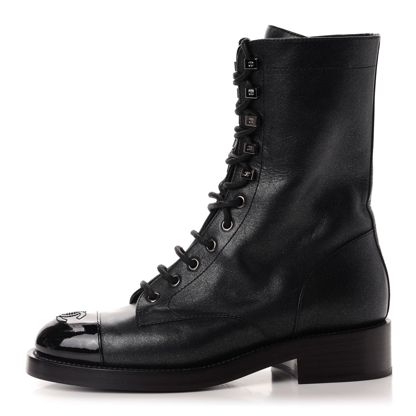 Iridescent Calfskin Lace Up Combat Boots 38 Black