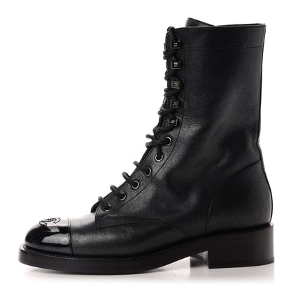 Chanel Iridescent Calfskin Lace Up Combat Boots 38 Black 1 of 9