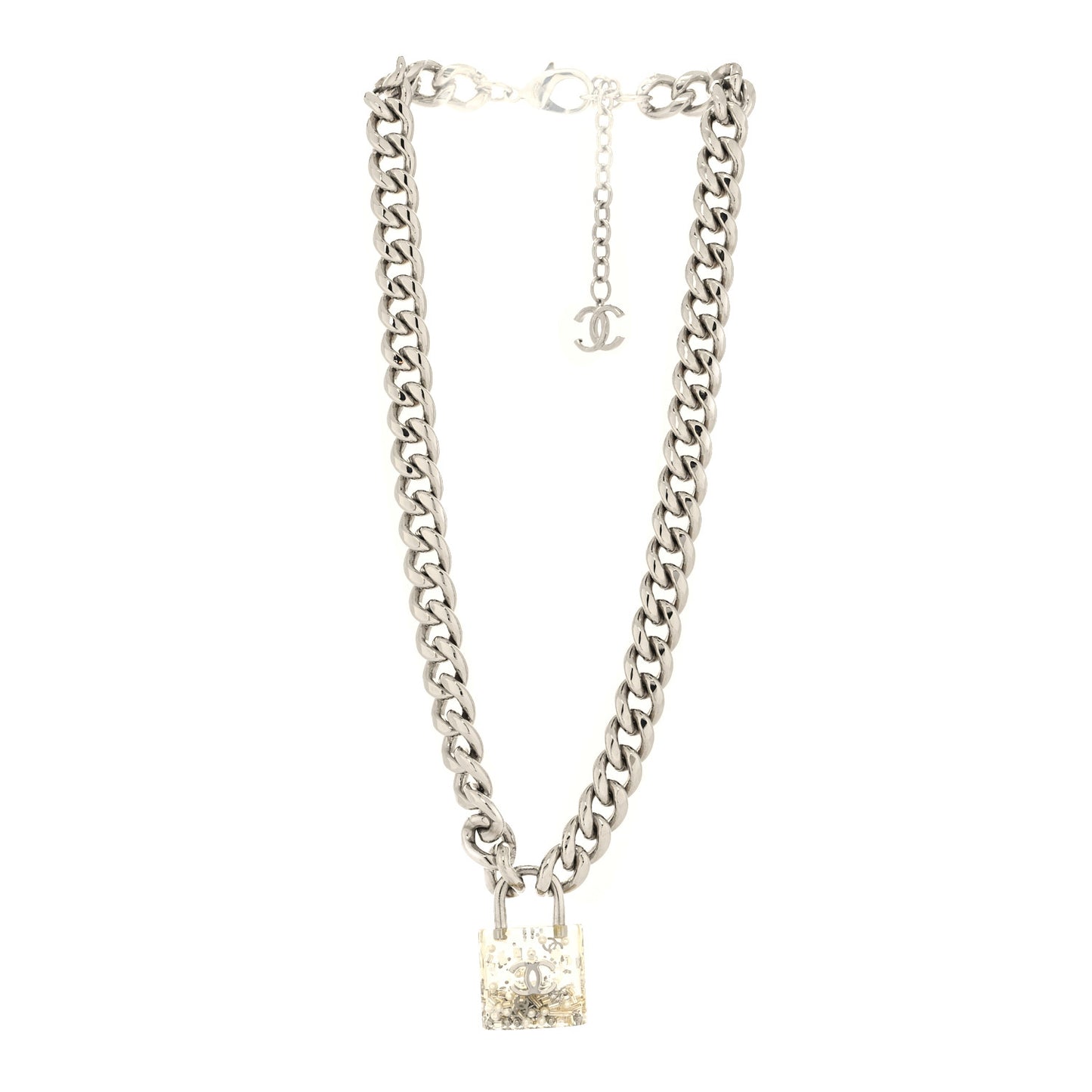 Resin CC Oversized Padlock Chain Necklace Silver Pearly White