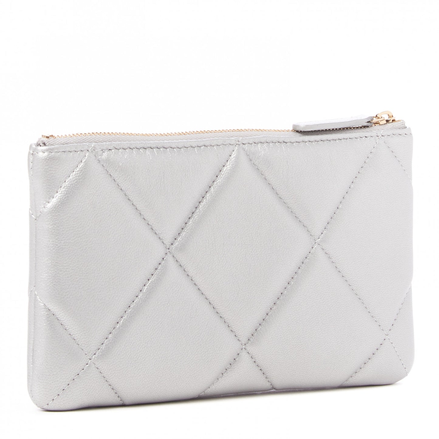 Shiny Goatskin Quilted Small Chanel 19 Pouch Silver