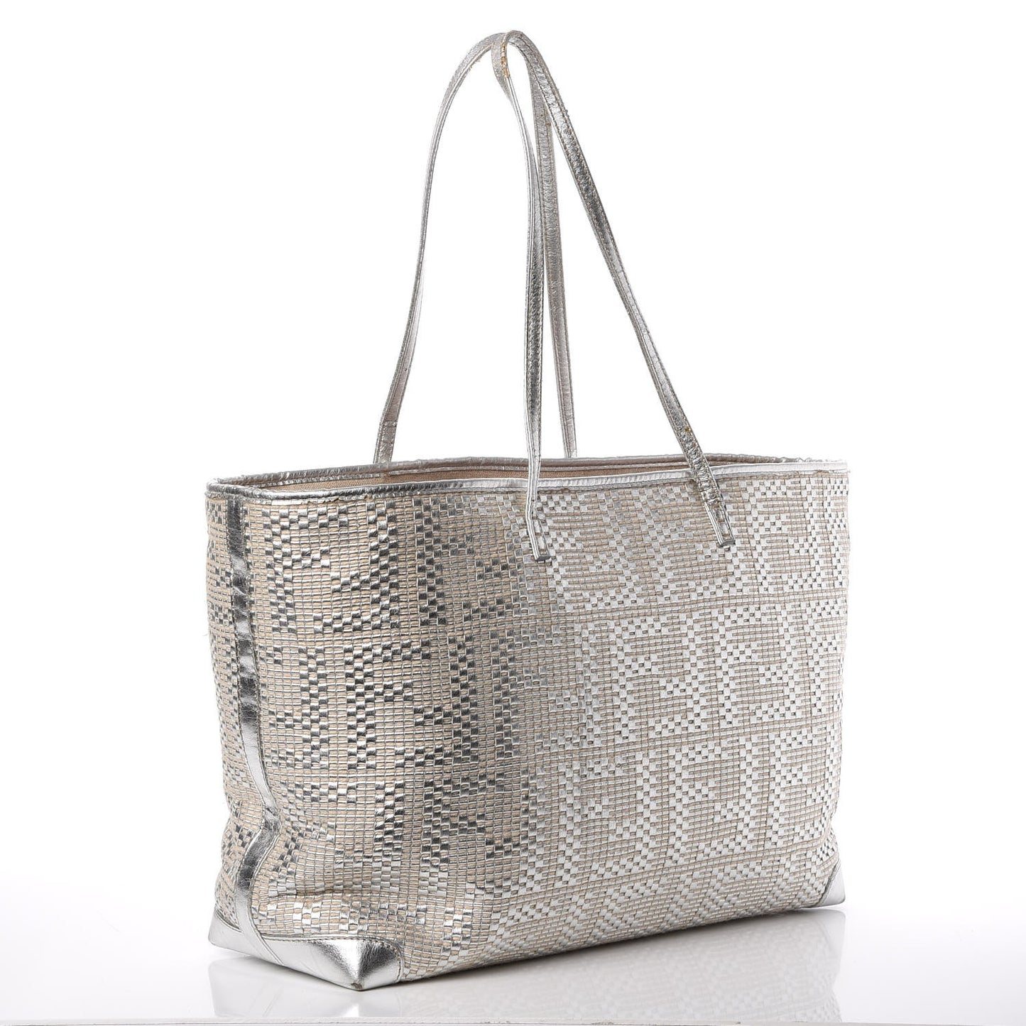 Canvas Metallic Calfskin Woven FF Roll Tote Silver