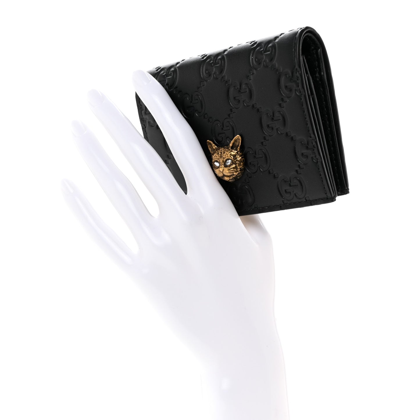 Guccissima Signature Crystal Cat Card Case Wallet Black