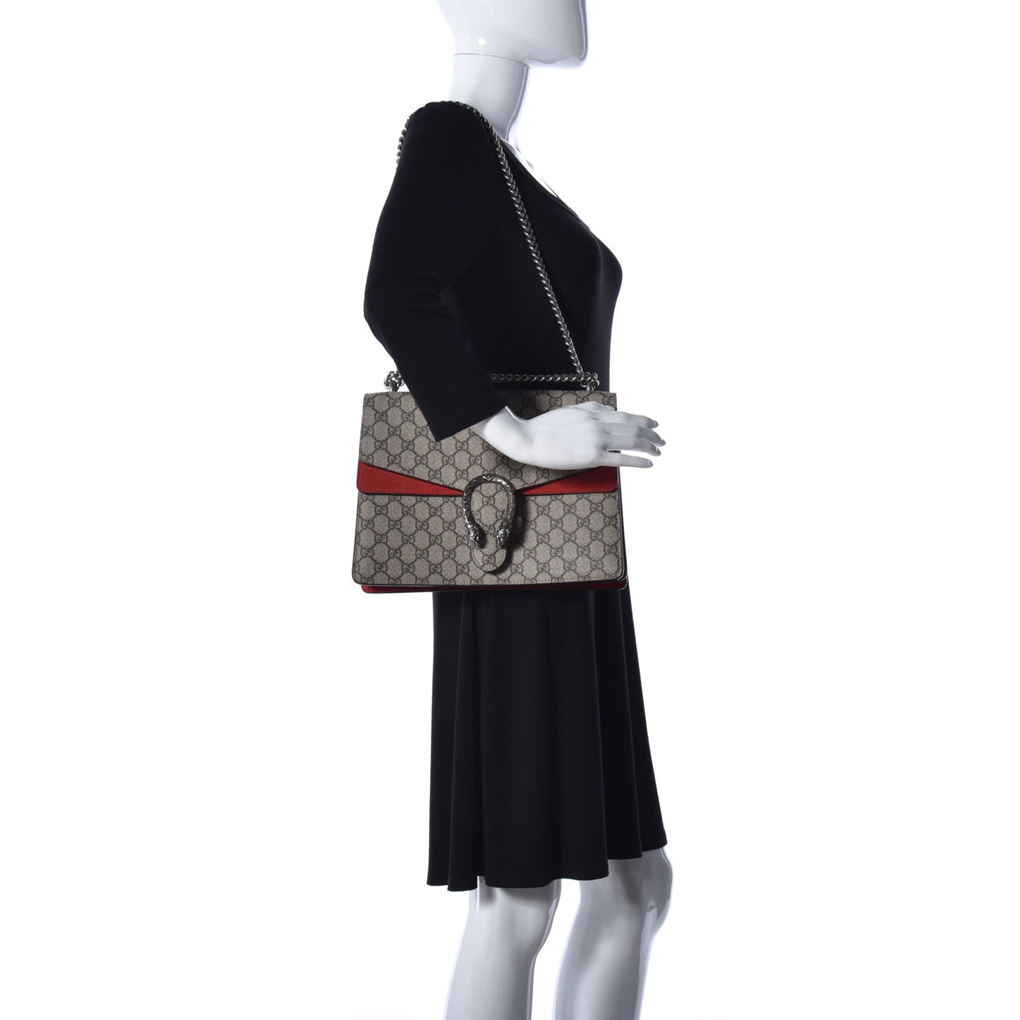 GG Supreme Monogram Suede Cudu Medium Dionysus Shoulder Bag Beige Ebony Vulcanic Red