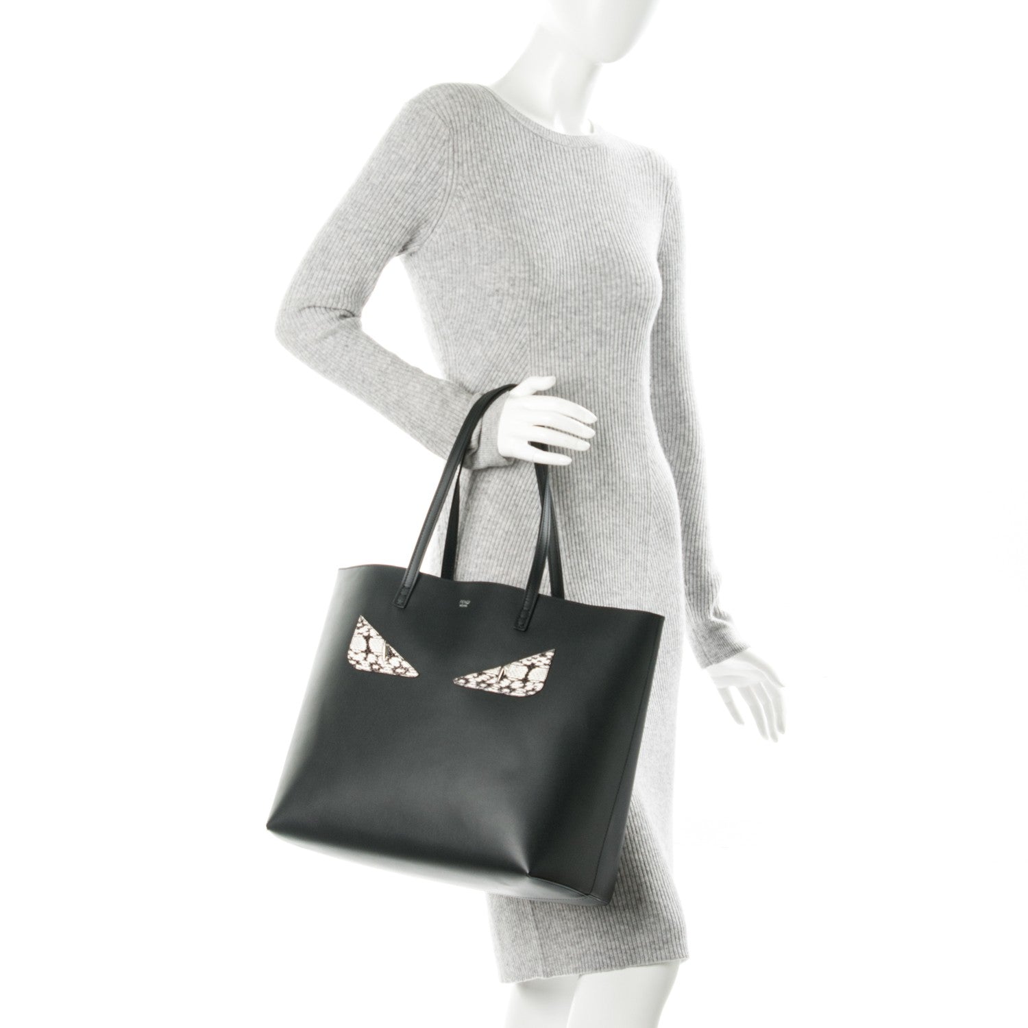 Fendi Vitello Ginevra Elaphe Monster Eyes Shopping Tote Black Naturale 2 of 7