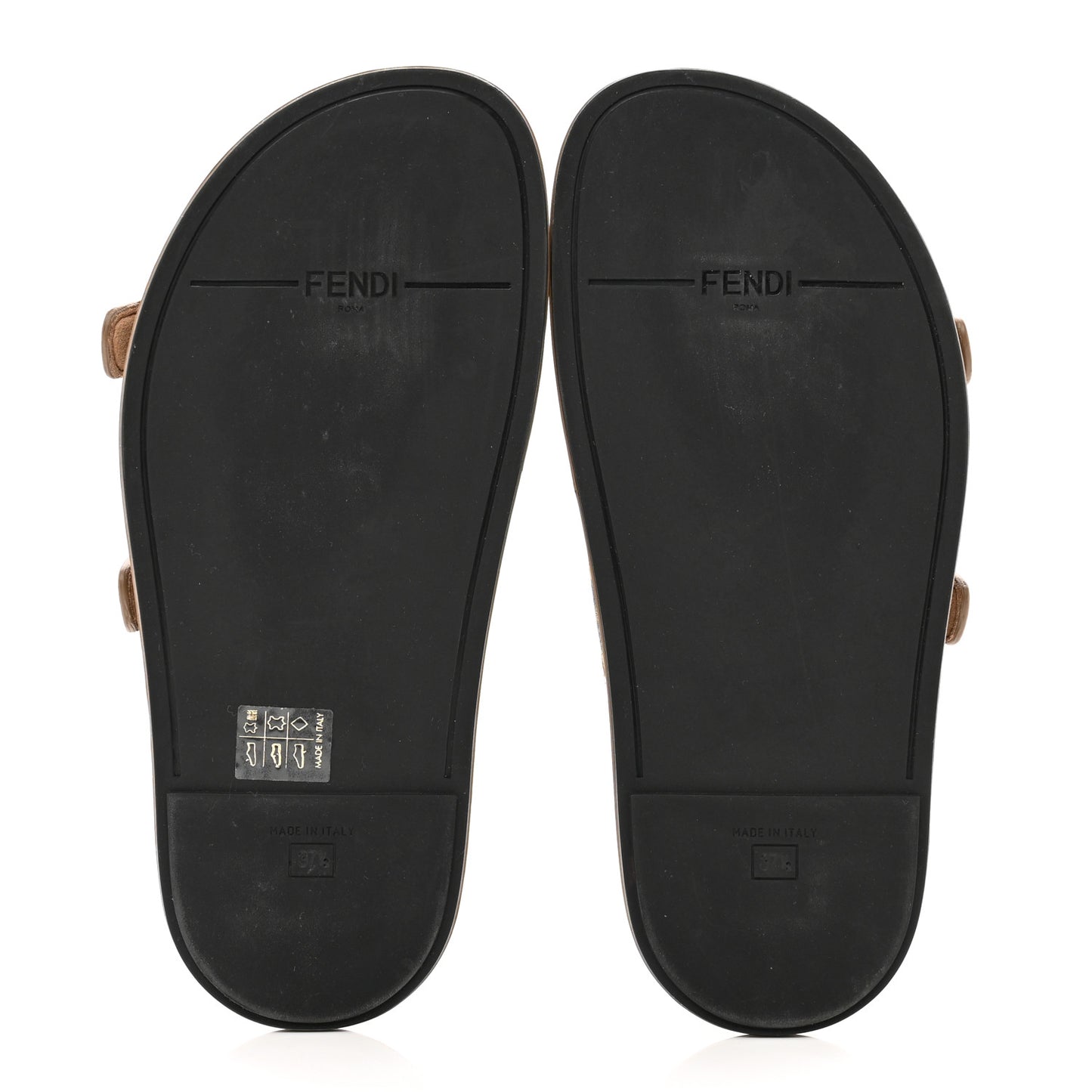 Fabric Jacquard Nappa FF Womens Fendi Feel Buckled Slide Sandals 37.5 Tobacco Black Miele Scuro