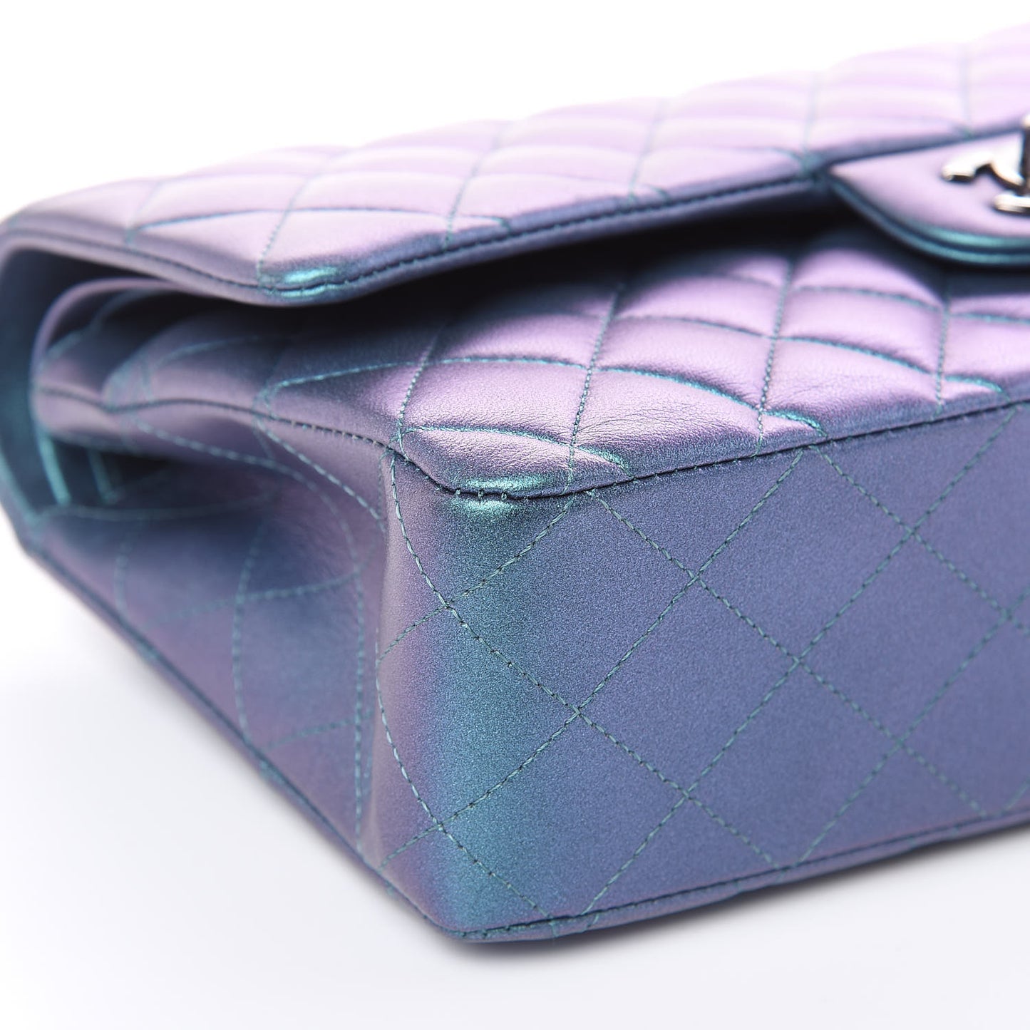 Metallic Lambskin Quilted Medium Double Flap Turquoise