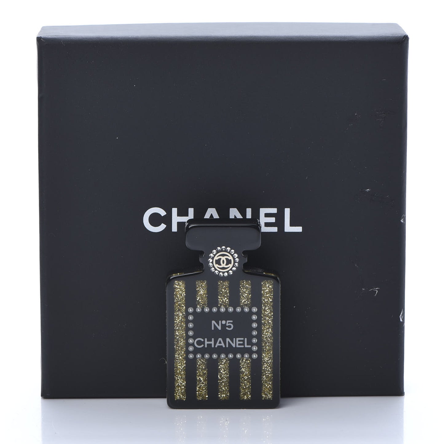 Resin Strass Perfume Bottle CC Brooch Black Gold