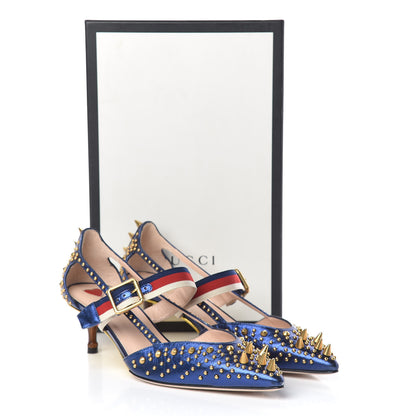 Gucci Metallic Nappa Silk Grosgrain Studded Sylvie Web Bamboo Low Heel Pumps 39.5 Sapphire 9 of 9