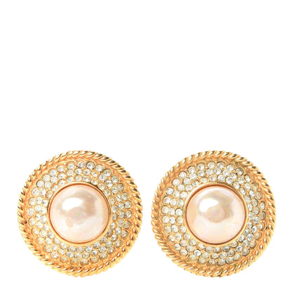Chanel Pearl Crystal Round Clip On Earrings Gold 1 of 4
