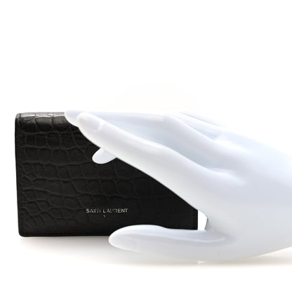 Saint Laurent Calfskin Crocodile Embossed Business Card Case Coal 2 of 7