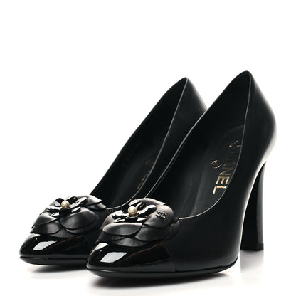 Chanel Lambskin Patent Calfskin Cap Toe Camellia Pumps 35.5 Black 3 of 8