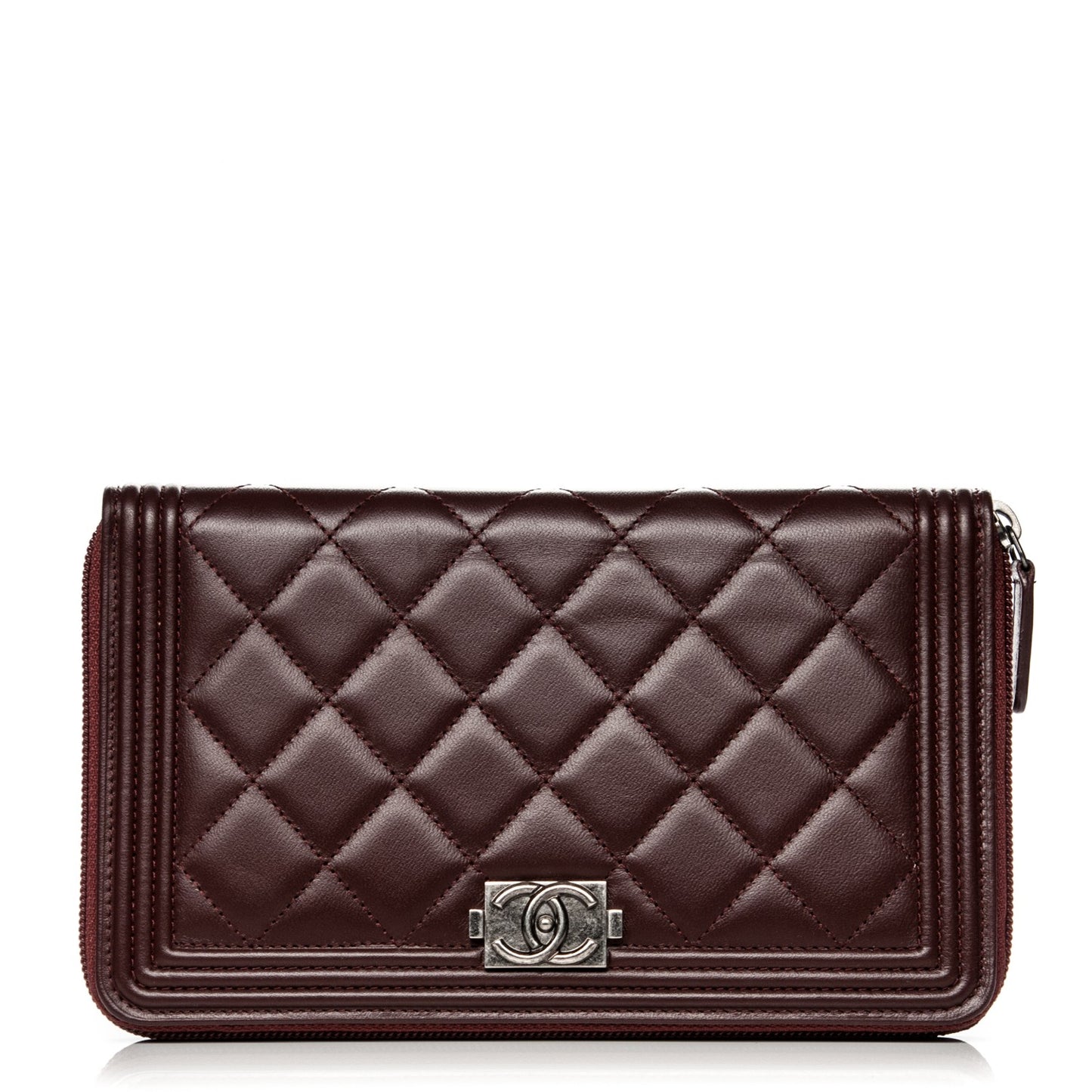 Lambskin Quilted Large Boy Zip Around Wallet Burgundy