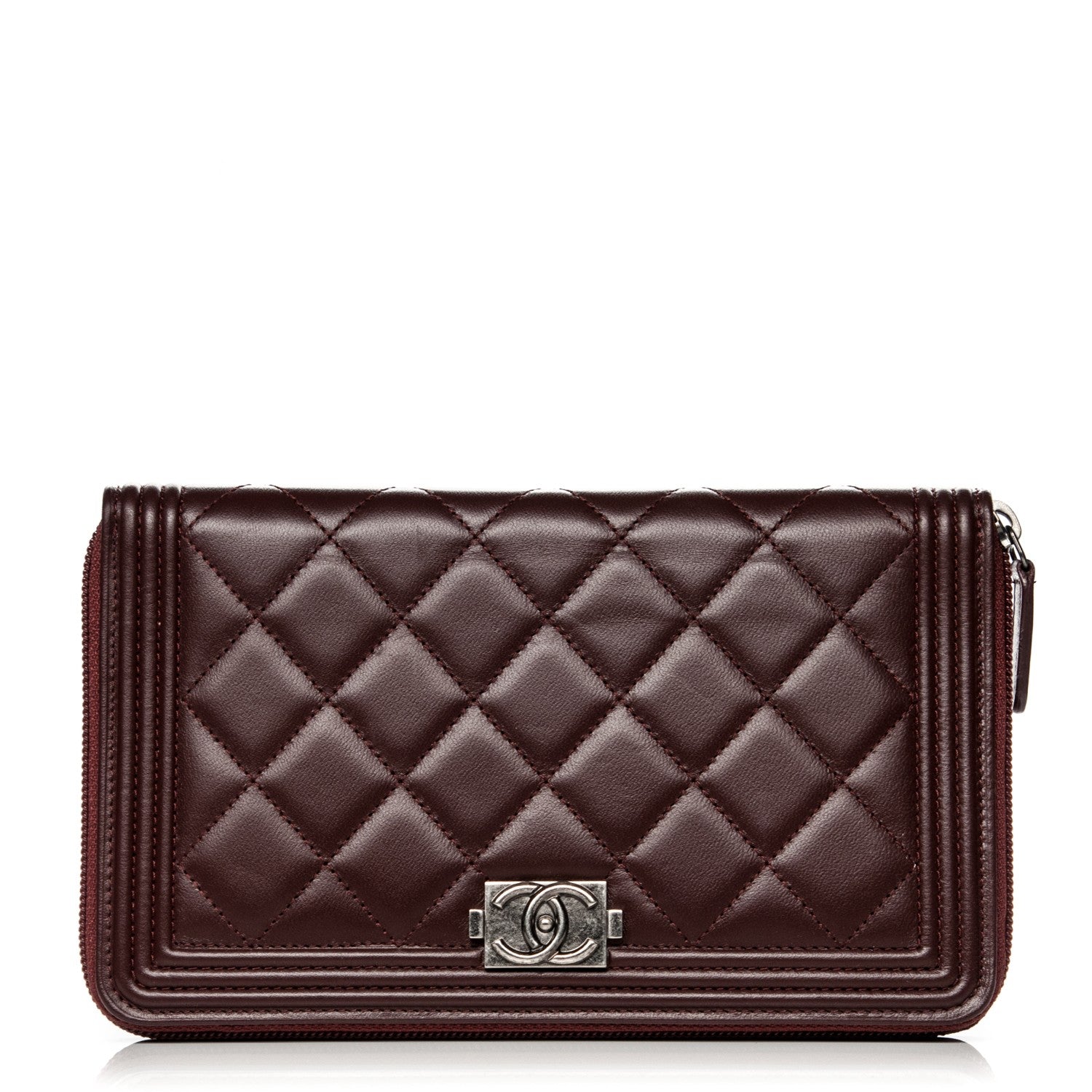 Chanel Lambskin Quilted Large Boy Zip Around Wallet Burgundy 1 of 9