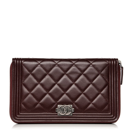 Chanel Lambskin Quilted Large Boy Zip Around Wallet Burgundy 1 of 9