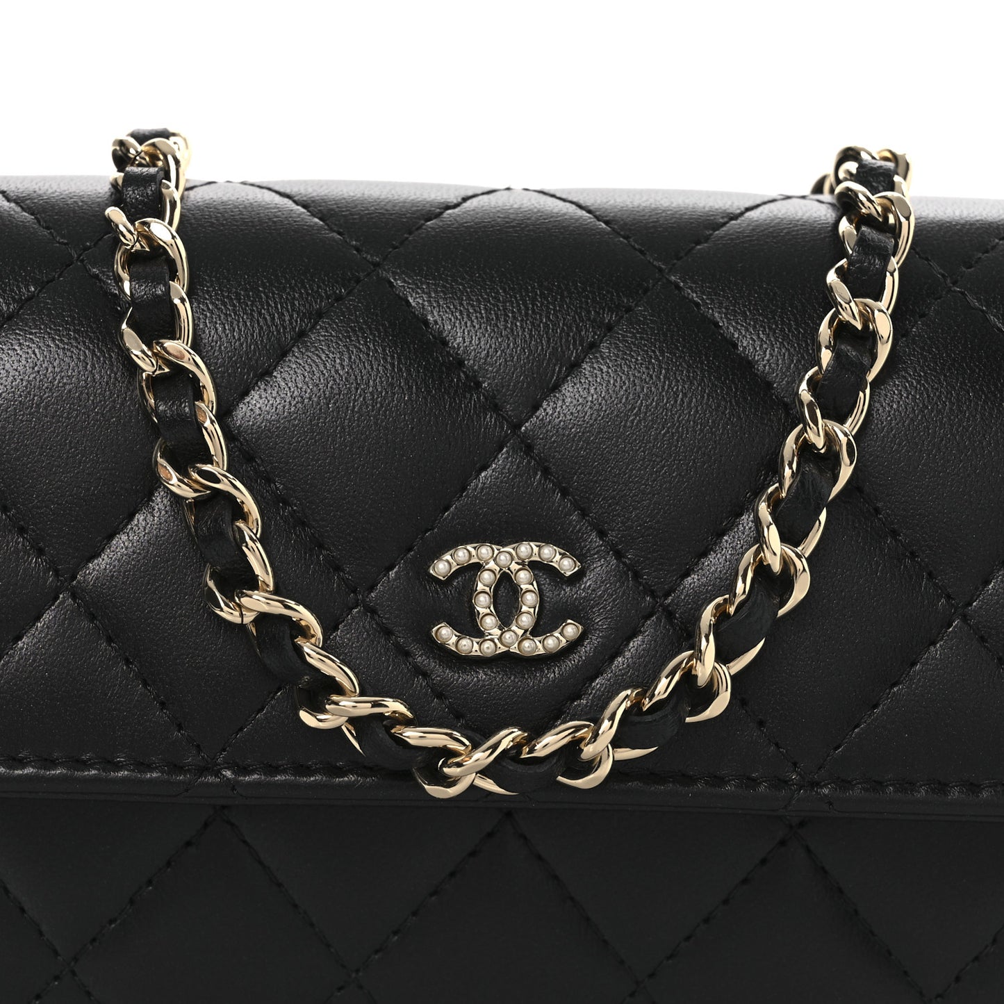 Lambskin Quilted Pearl My Shoulder Mini French Wallet On Chain WOC Black