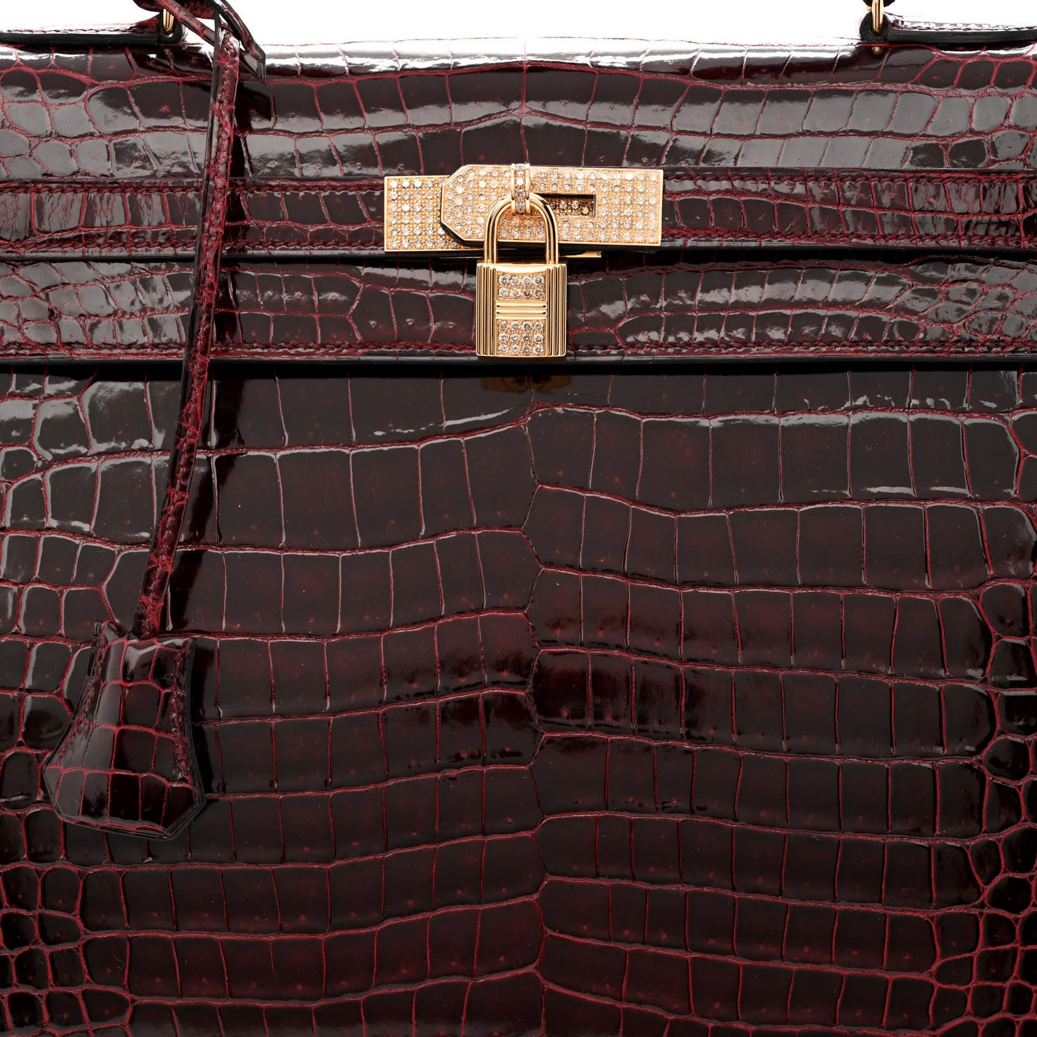 Hermes Shiny Porosus Crocodile 18K Rose Gold Diamond Kelly Sellier 35 Bordeaux 8 of 10