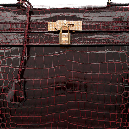 Hermes Shiny Porosus Crocodile 18K Rose Gold Diamond Kelly Sellier 35 Bordeaux 8 of 10