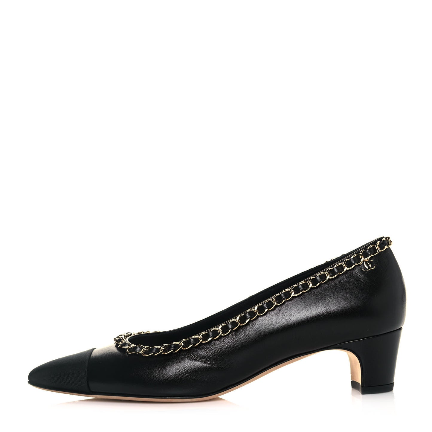 Lambskin Grosgrain Chain Cap Toe Pumps 39 Black