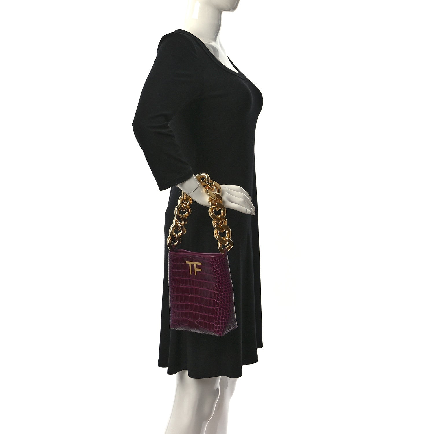 Tom Ford Calfskin Crocodile Embossed Mini Chain Bucket Bag Cranberry 2 of 8