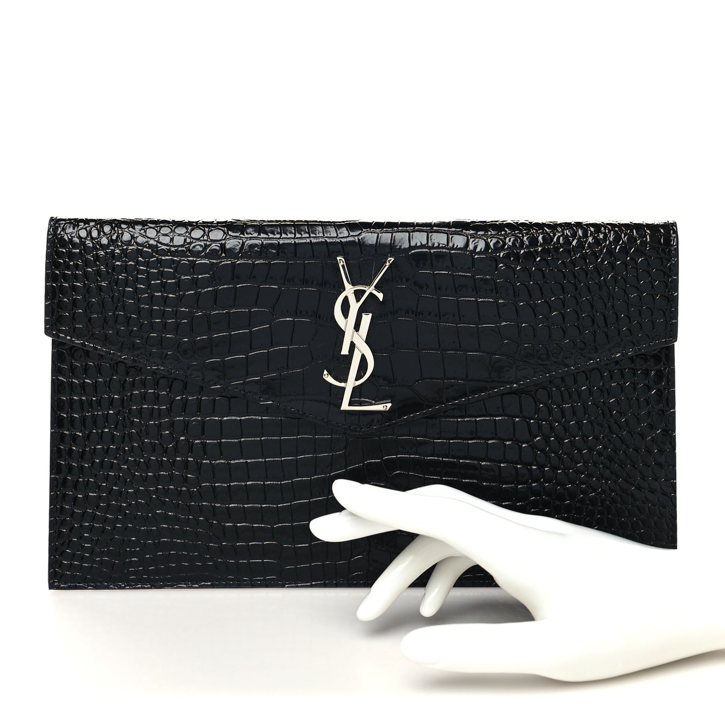 Calfskin Crocodile Embossed Uptown Monogram Clutch Black