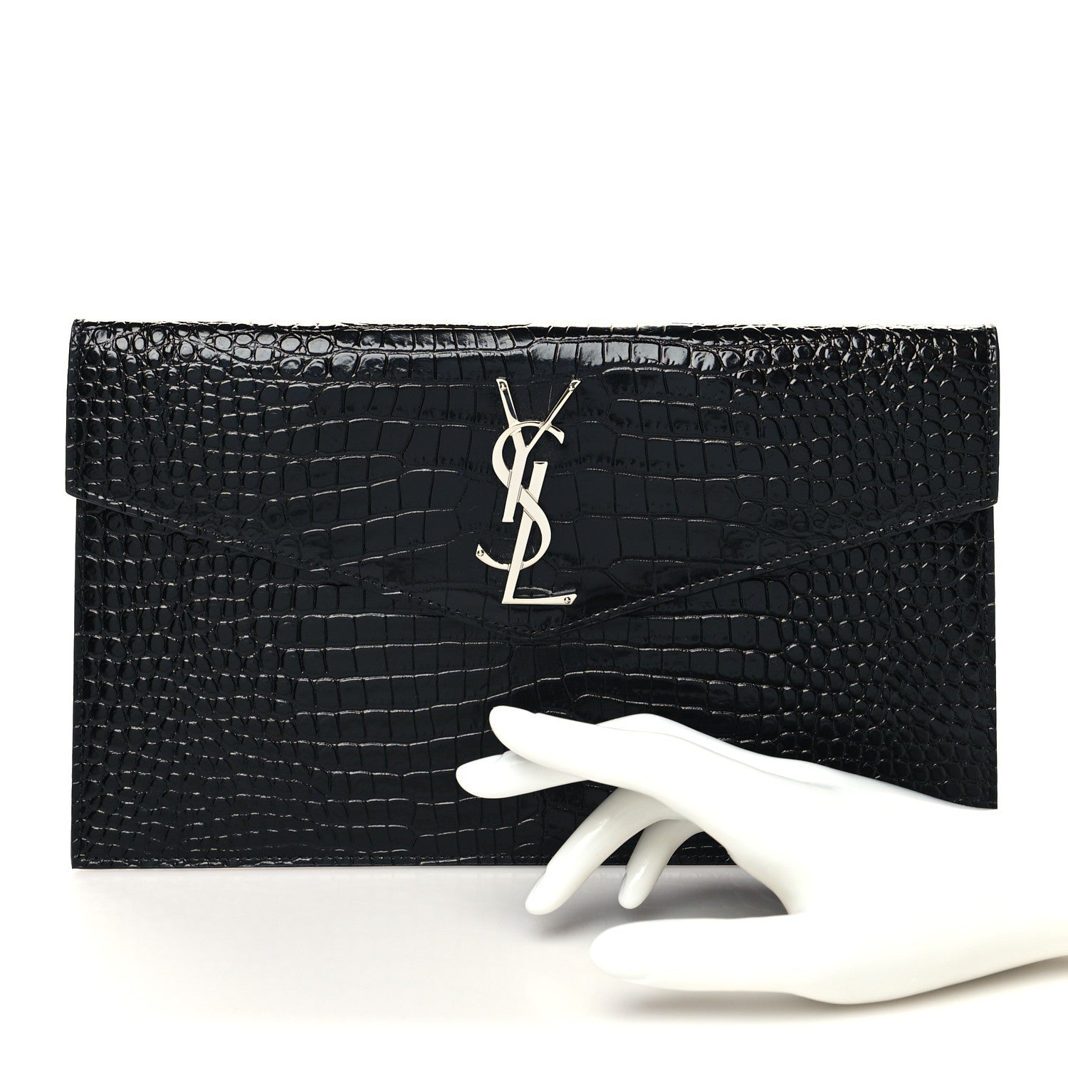 Saint Laurent Calfskin Crocodile Embossed Uptown Monogram Clutch Black 2 of 10