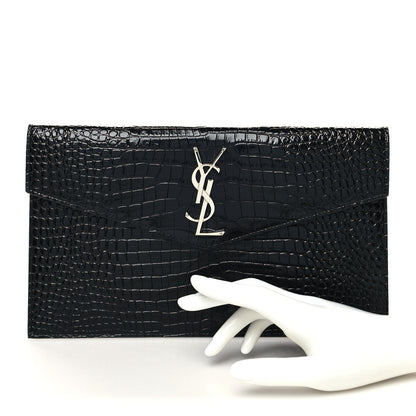 Saint Laurent Calfskin Crocodile Embossed Uptown Monogram Clutch Black 2 of 10