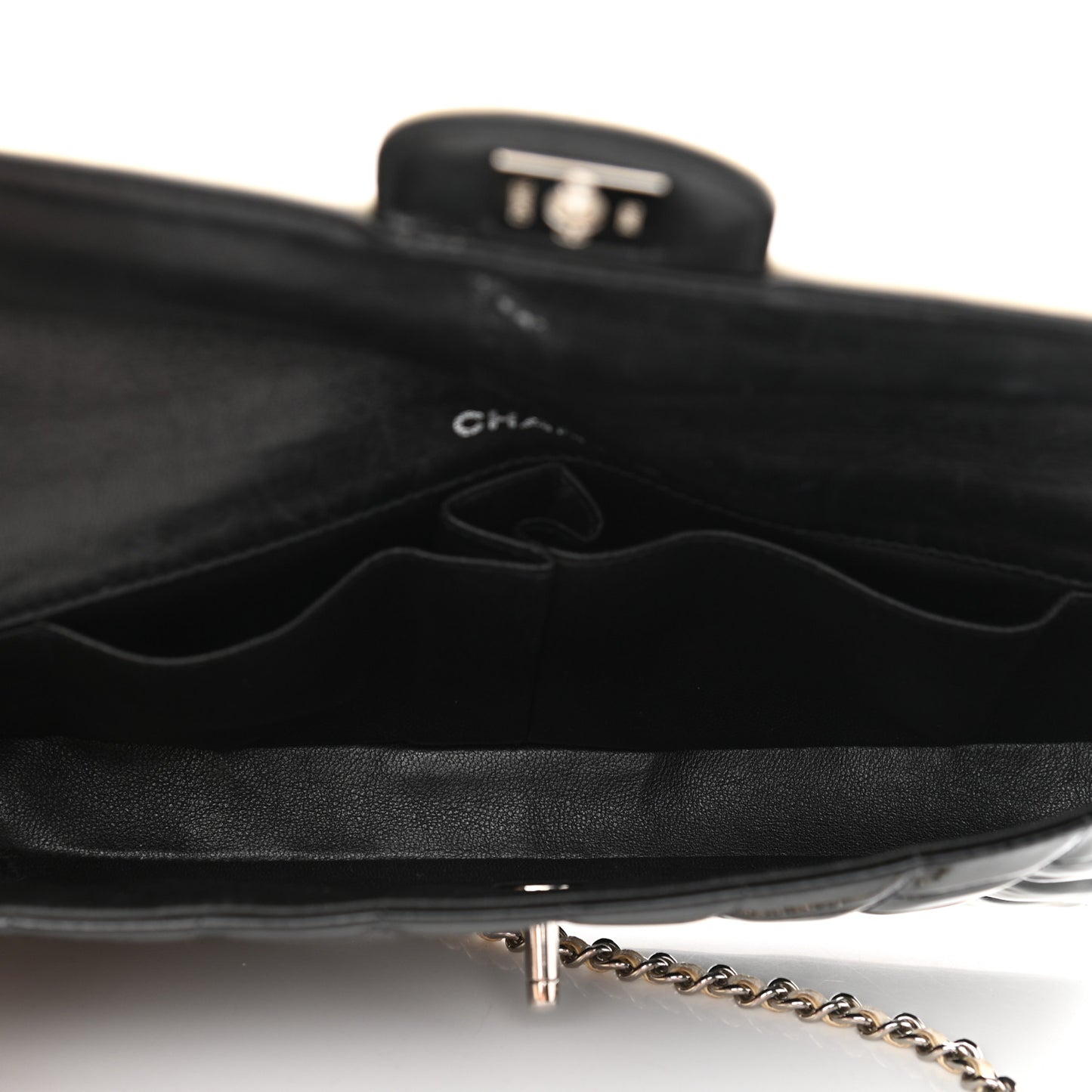 Patent Lambskin East West Chocolate Bar Flap Black White