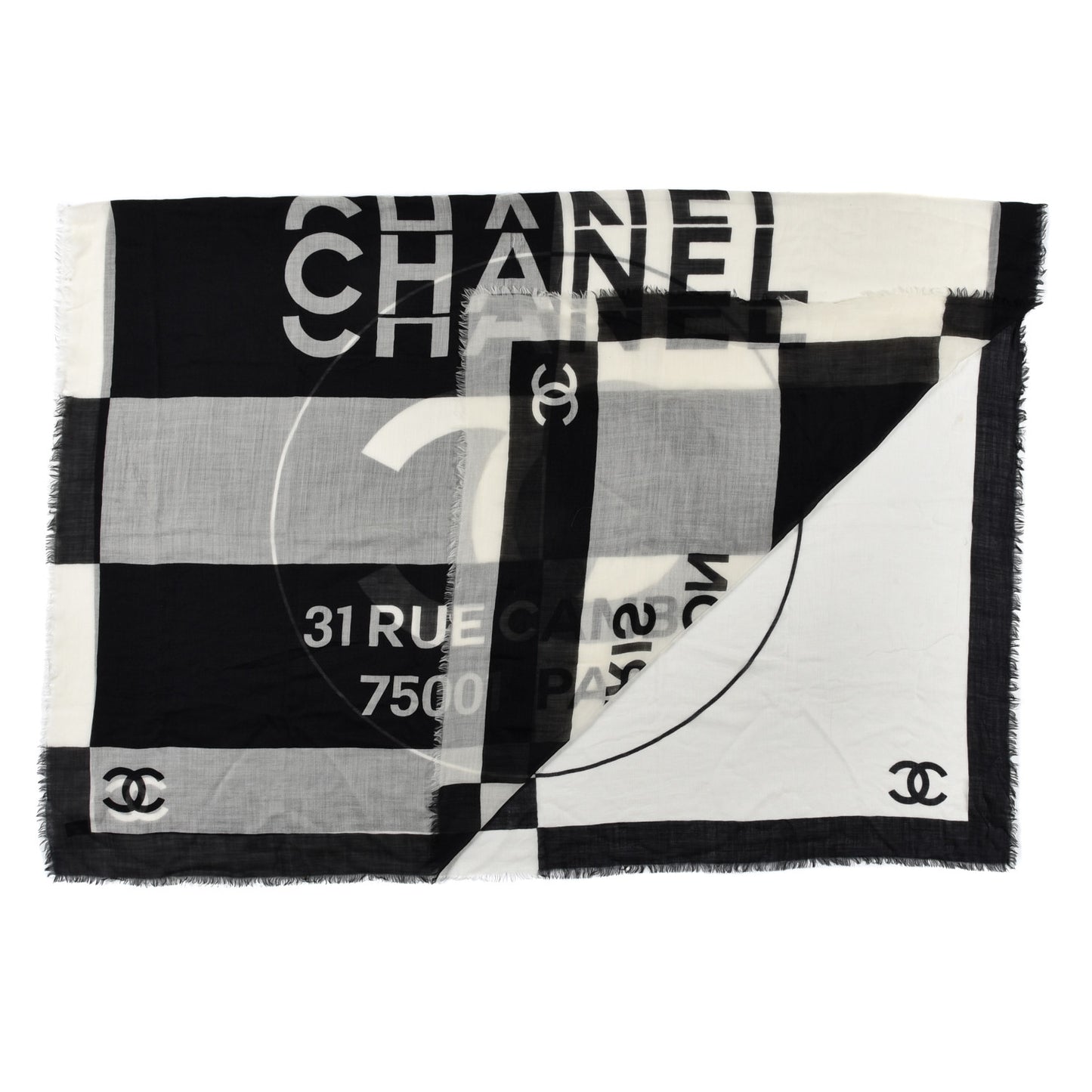 Cashmere CC Fringe Scarf Black White