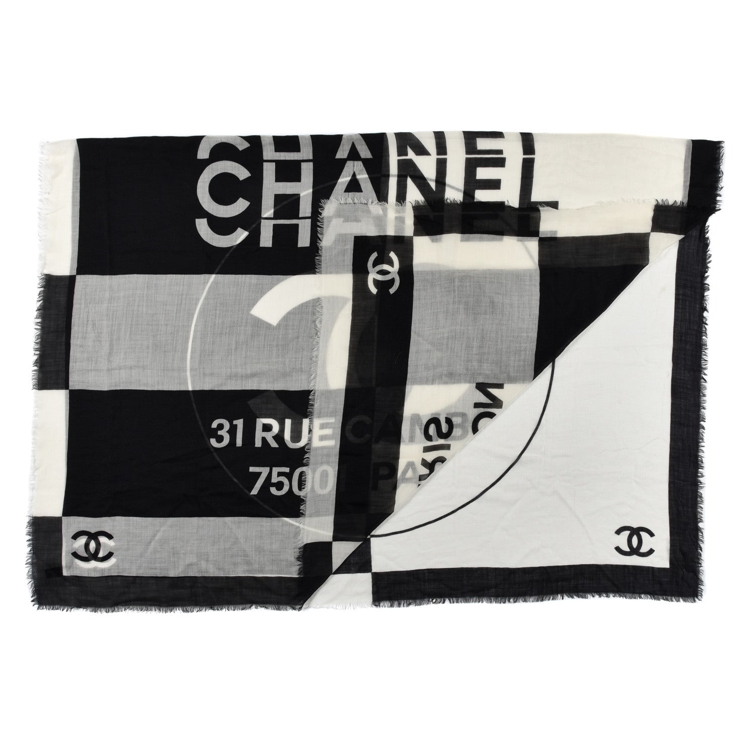 Chanel Cashmere CC Fringe Scarf Black White 2 of 4