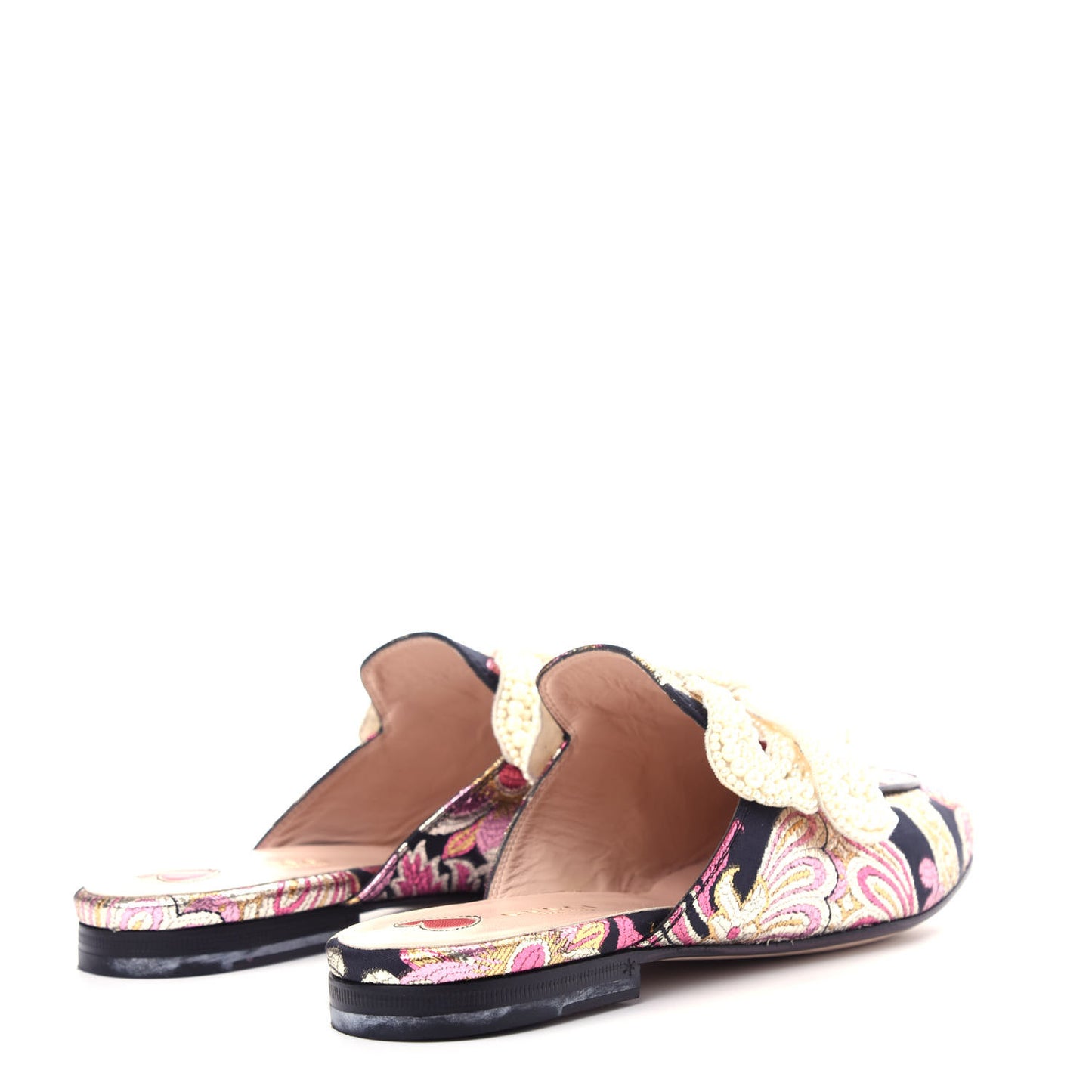 Iridescent Brocade Pearl Bow Womens Princetown Slippers 37.5 Black Pink