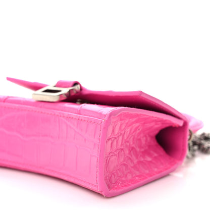 Balenciaga Shiny Calfskin Crocodile Embossed Hourglass Top Handle Bag Mini with Chain Neon Pink 8 of 9