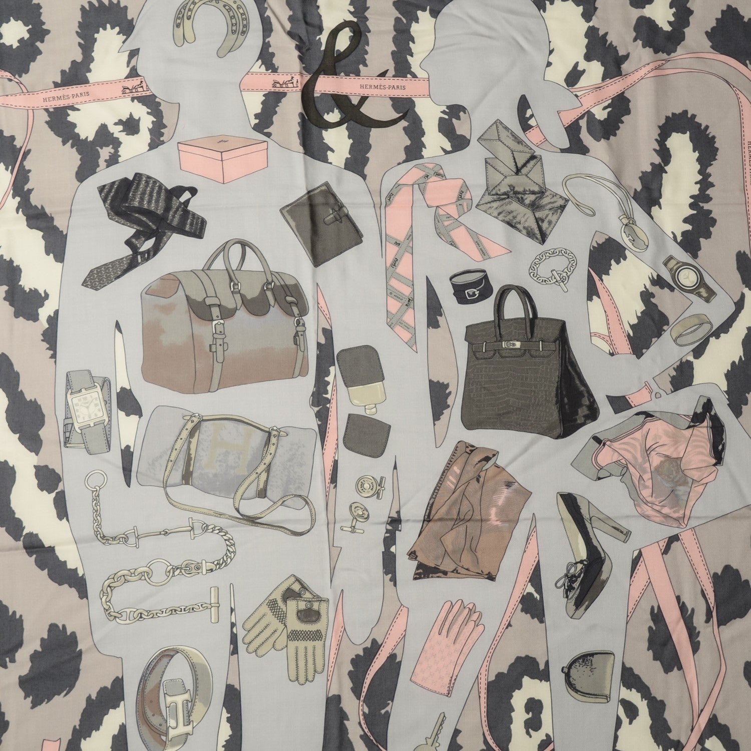 Hermes Cashmere Silk Monsieur Et Madame Shawl 140 Gris Acier Gris Perle Rose Pale 1 of 6