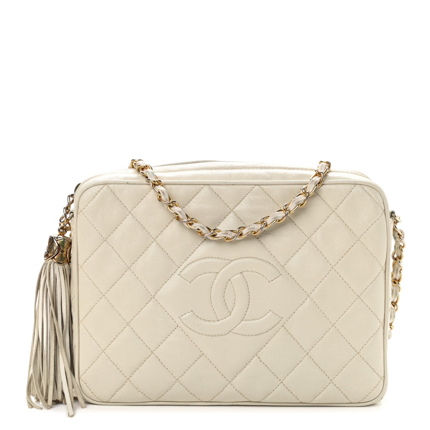 Lambskin Quilted Tassel Camera Case White