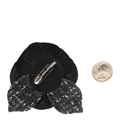 Chanel Tweed Camellia Pin Brooch Black Pink 2 of 3