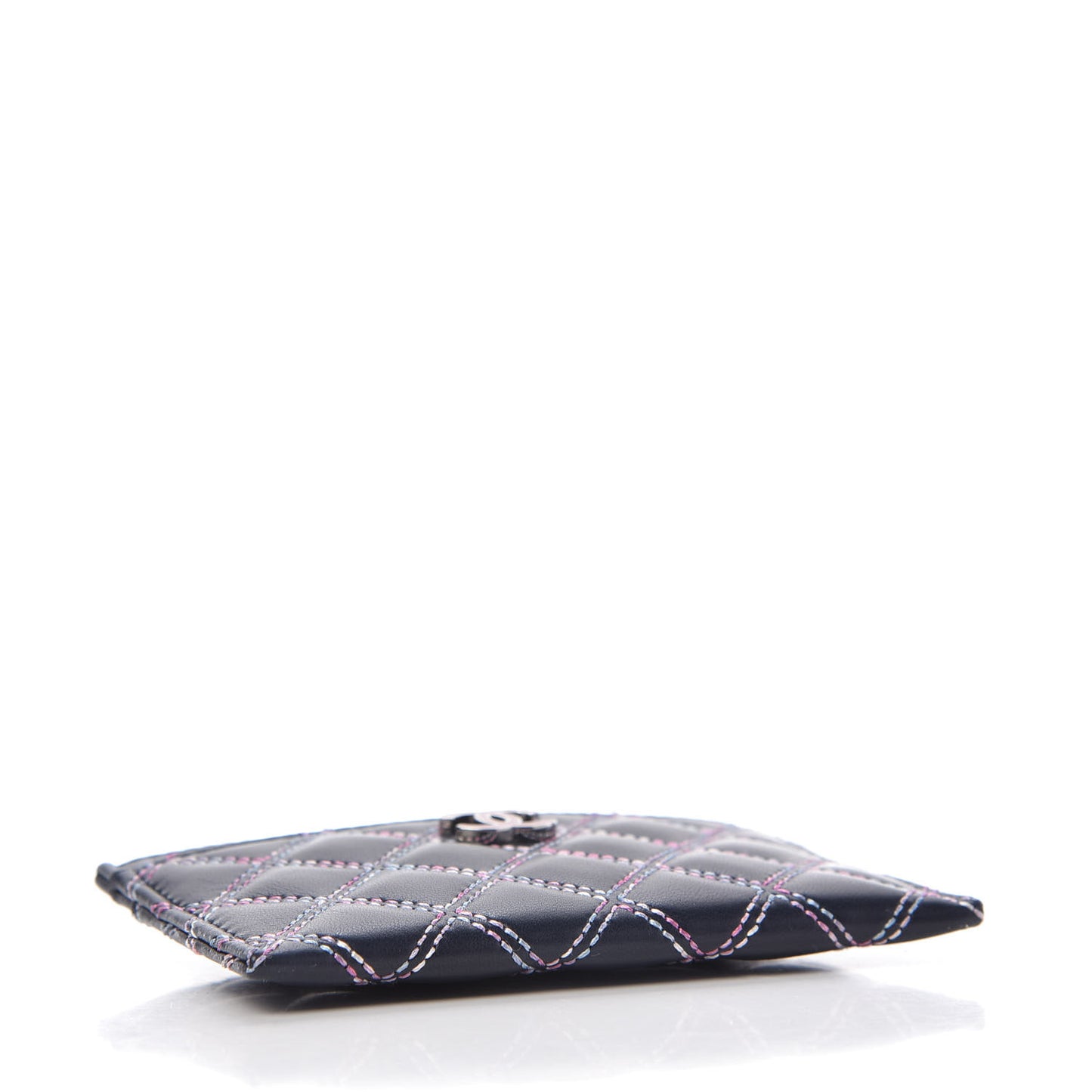 Lambskin Double Stitch Quilted Card Holder Navy Pink