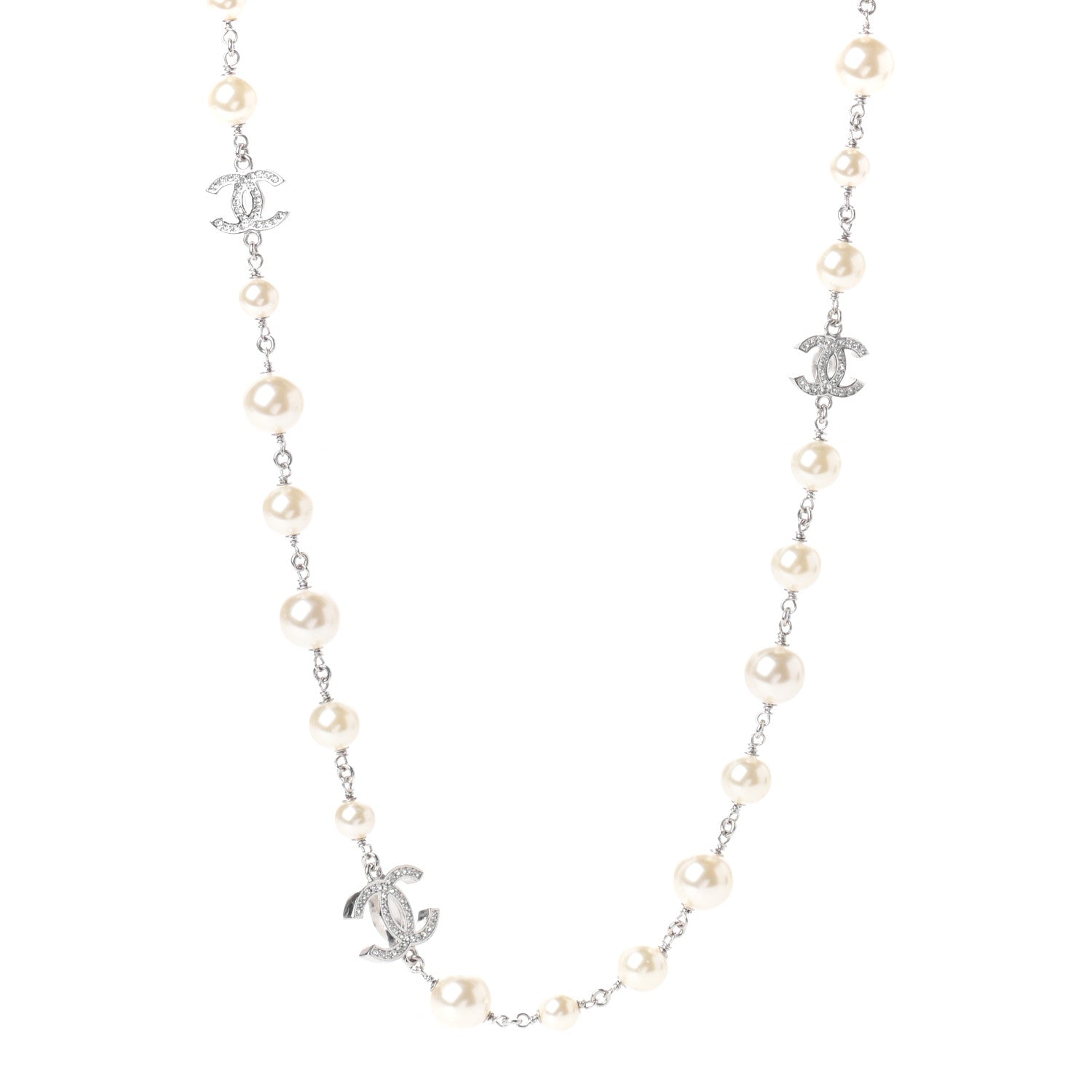 Chanel Crystal Pearl CC Long Necklace Silver 1 of 4